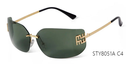 Luxury Metal Rimless Sunglasses Women Brand Design Rivets Letter Rectangle Curved Shades Funky Classic Sun Glasses Female