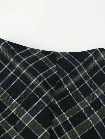 HH Woman Elegant V-Neck Plaid Pleated Decoration Long Sleeves Midi Dress Female Fashion High-Waist Asymmetric Hem Slim Dress