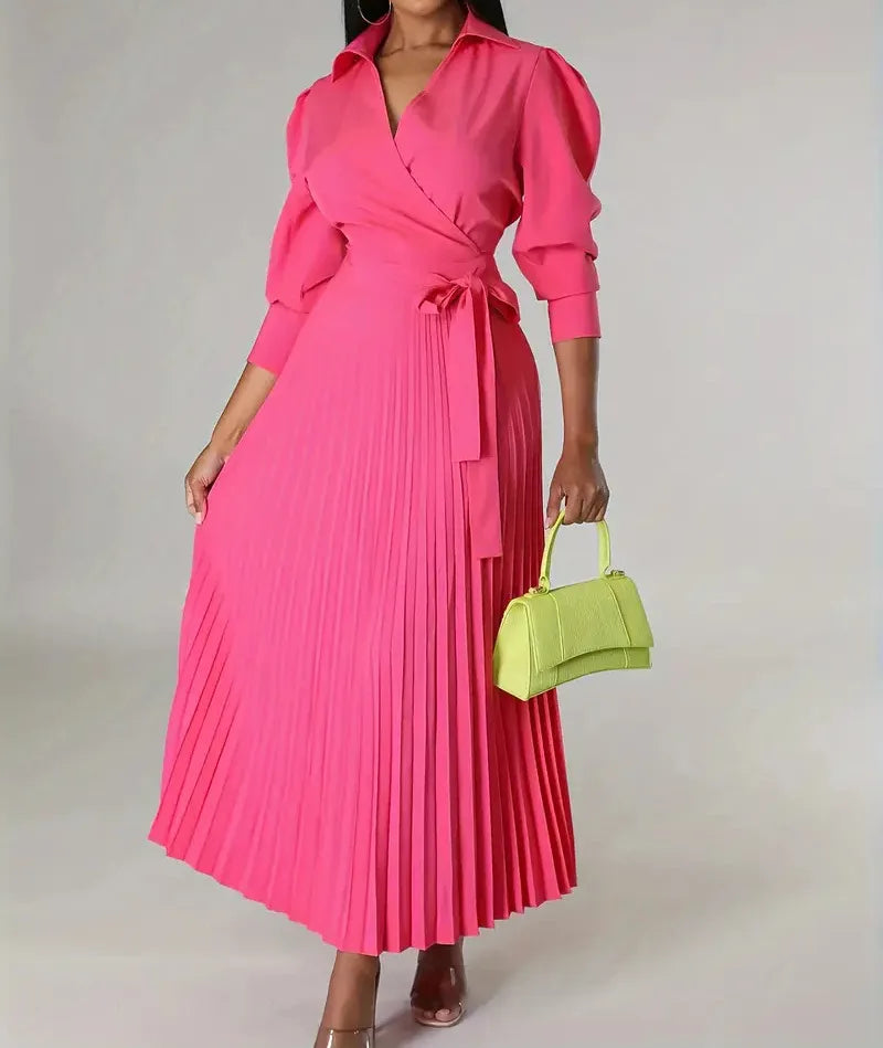 Woman's Elegance Evening Party Pleated Dress Spring Fashion V-neck Long Sleeves High Waist Lace-up Robe Autumn Ladies Vestidos