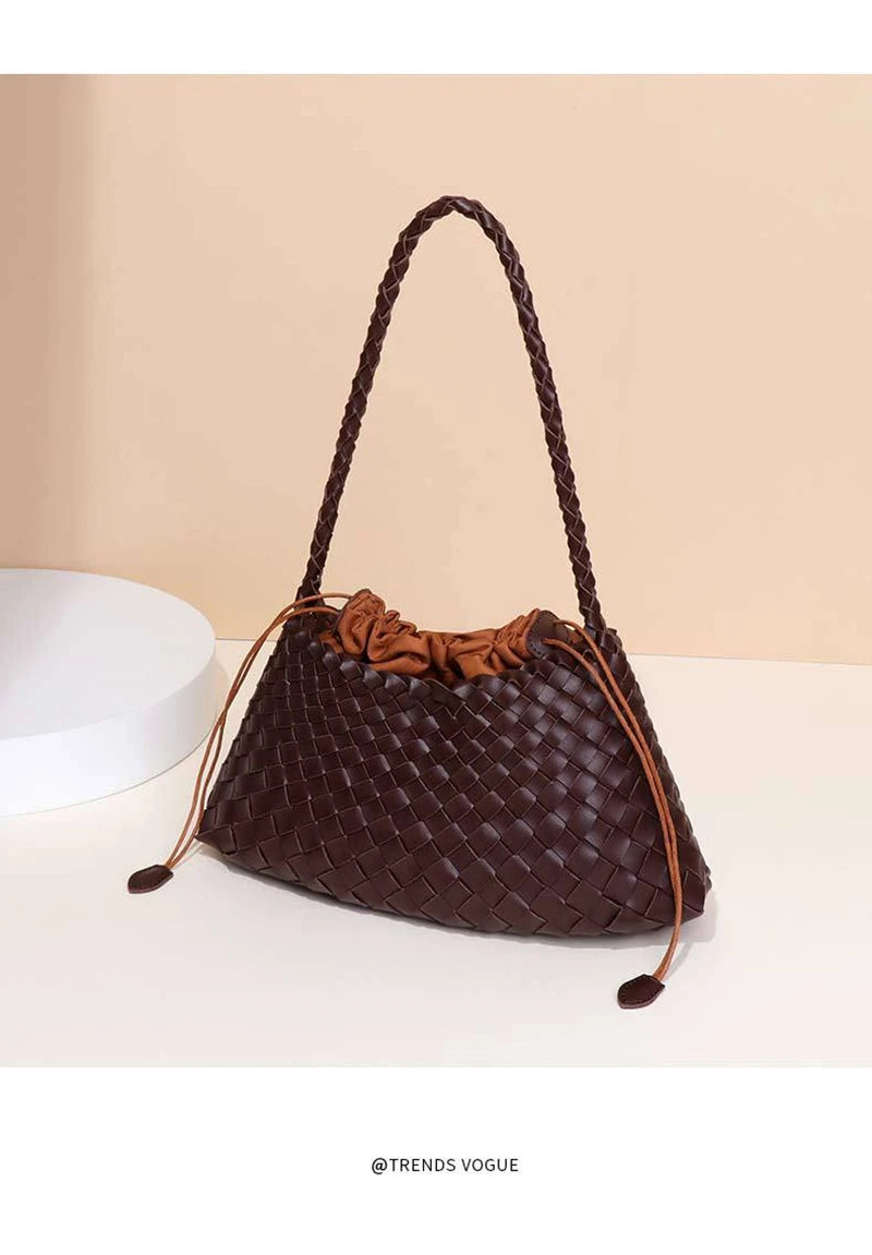 Women Handwoven Shoulder Bag Korean Casual Trendy Large Capacity Handbag Soft PU Leather Ladies Tote Bag Summer Underarm Bags