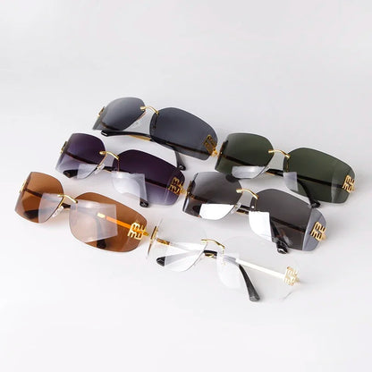 Luxury Metal Rimless Sunglasses Women Brand Design Rivets Letter Rectangle Curved Shades Funky Classic Sun Glasses Female