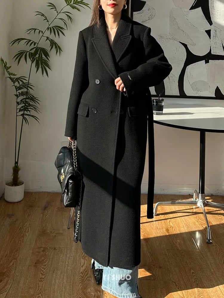 2025 New Women Elegant White Long Below The Knee Woolen Coat Winter Female High Sense Fashion Double-breasted Thicken Outwear