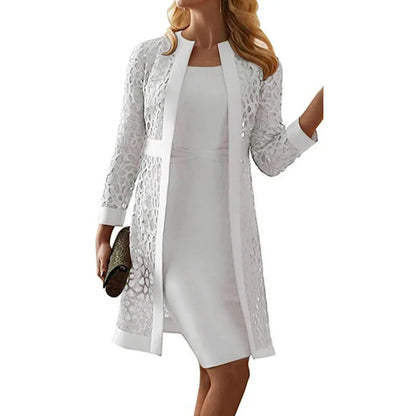 Wein Lace Cardigan Dress with Two Coats Lady Female Woman Skirt Dresses Coat Set Suit Hollow Out Cotton and Linen Formal Office