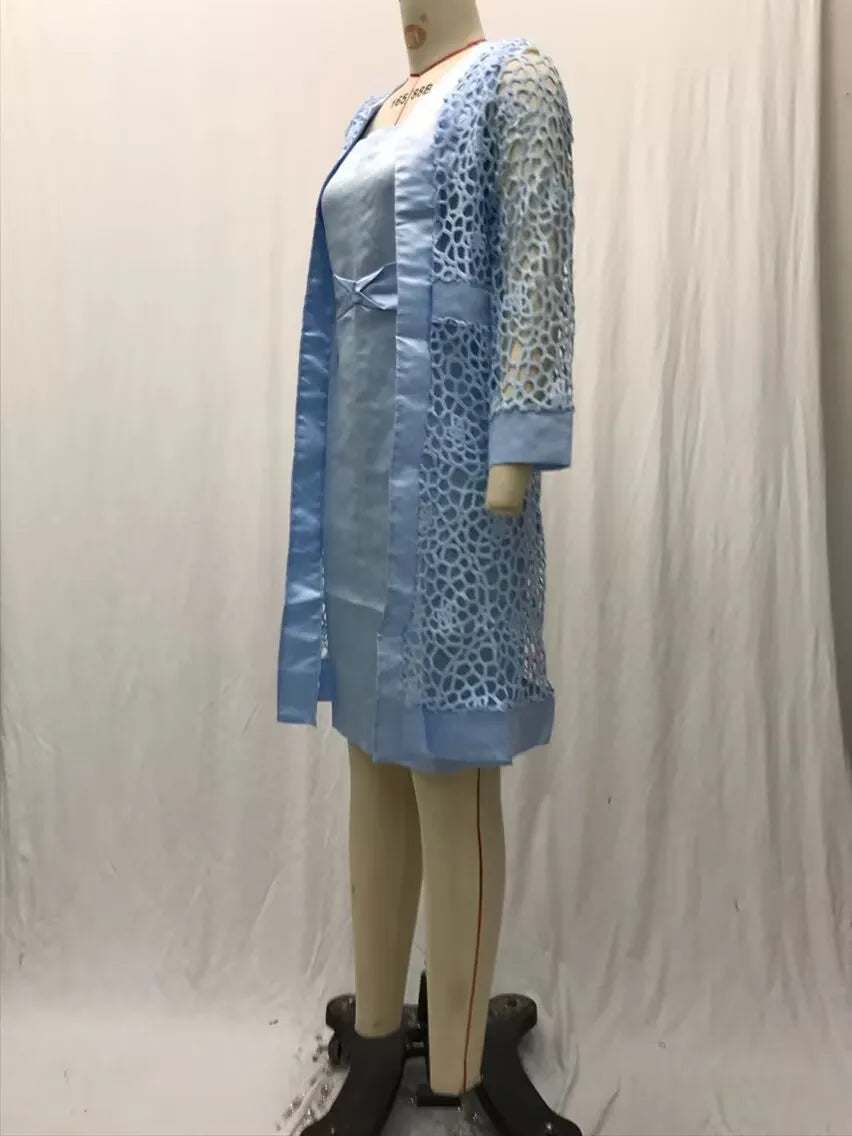Wein Lace Cardigan Dress with Two Coats Lady Female Woman Skirt Dresses Coat Set Suit Hollow Out Cotton and Linen Formal Office