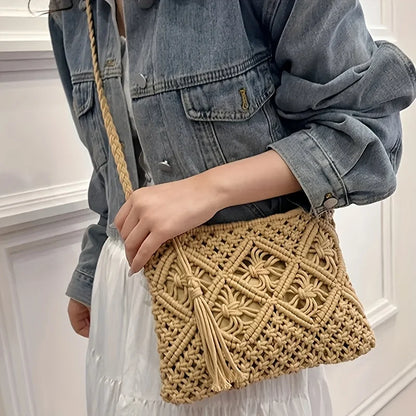 1pc Boho Chic Handwoven Shoulder Bag for Women,Handwoven Cotton with Zipper & Tassel Details,Beach Bag,for Travel,Casual Outings