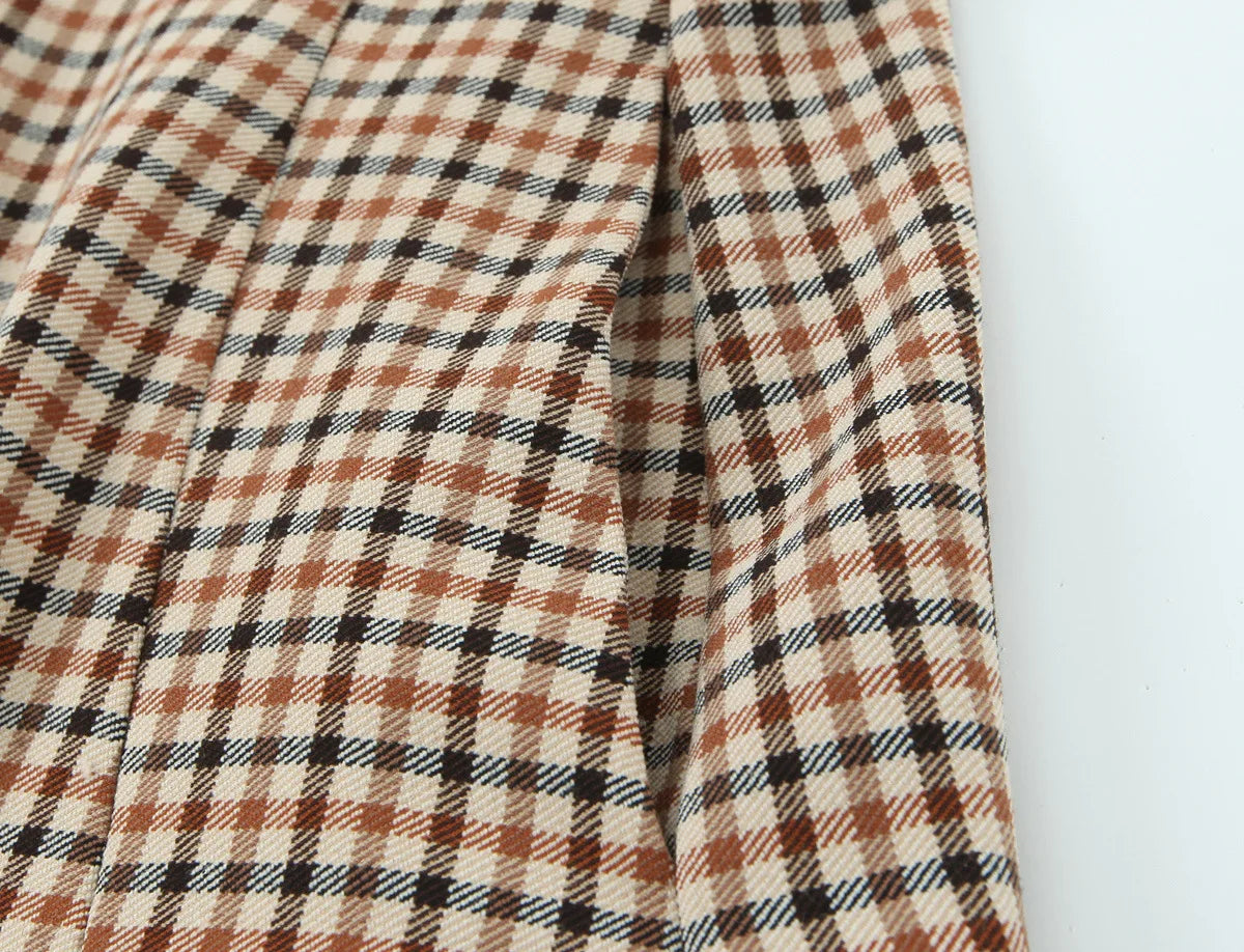 Woman Office Lady Suit Plaid Jacket Chic Autumn Khaki Plaid WomanSingle Breasted Blazer+Straight Long Pants Vintage Fashion