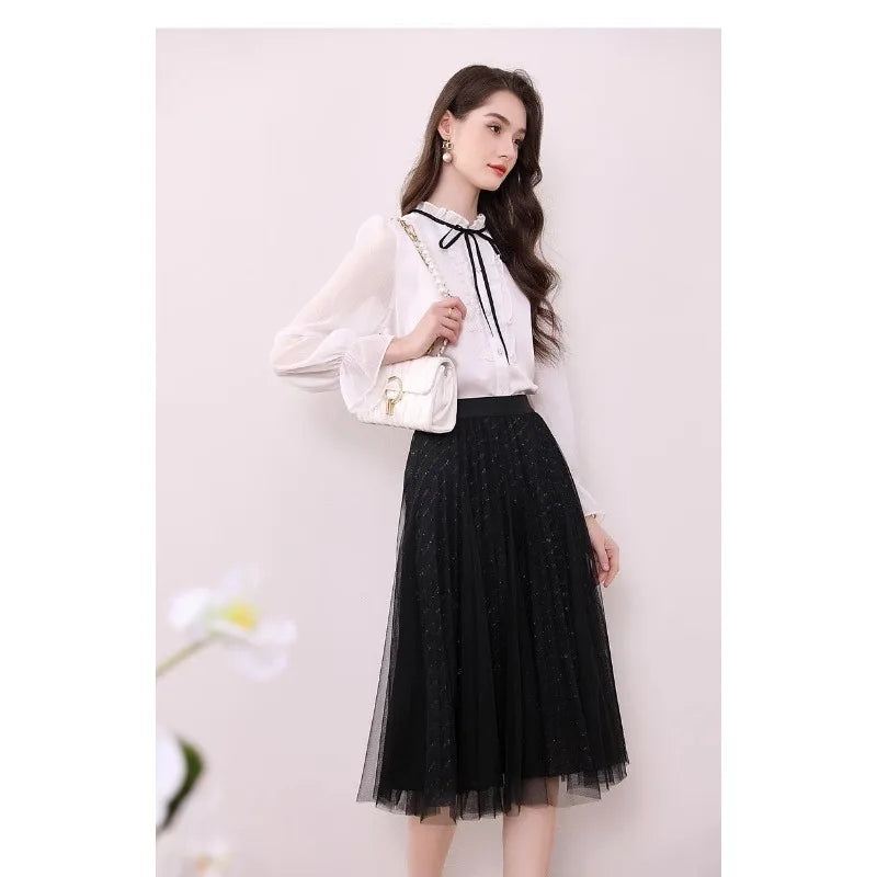 Women's Clothing Long-sleeved Chiffon Shirt Stand-up Collar French Tie High-end New Style Shirt Lace-up Top