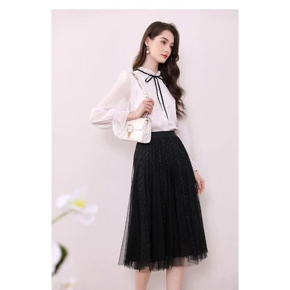 Women's Clothing Long-sleeved Chiffon Shirt Stand-up Collar French Tie High-end New Style Shirt Lace-up Top
