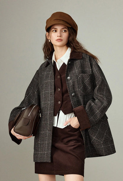 TOYOUTH Women Coat 2025 Winter New 100% Sheep Wool Corduroy Plaid Patterned Patchwork Woolen Coat