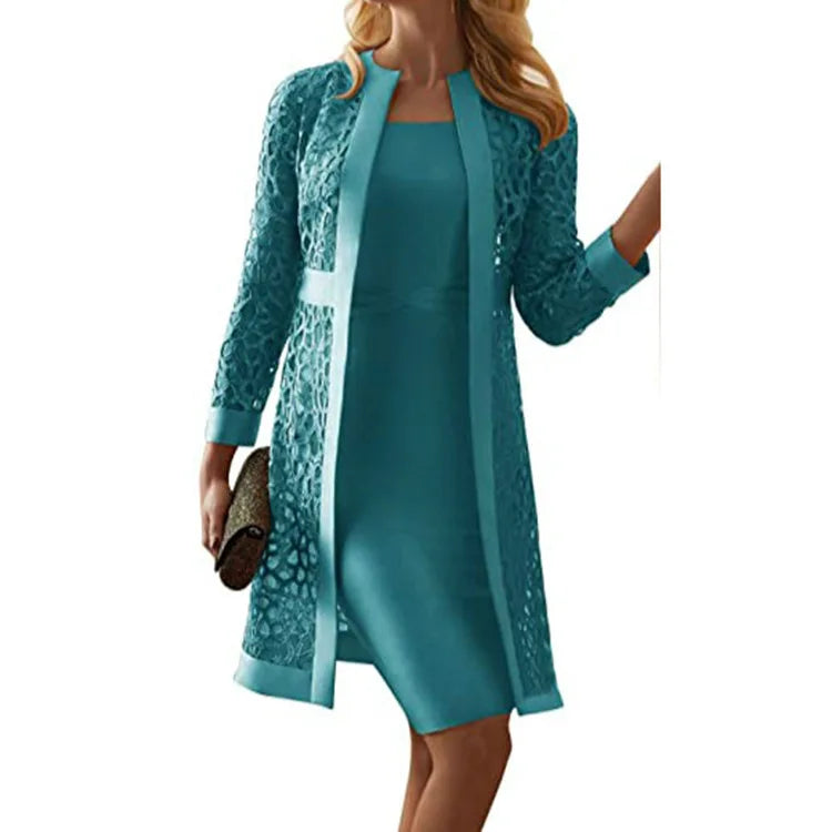 Wein Lace Cardigan Dress with Two Coats Lady Female Woman Skirt Dresses Coat Set Suit Hollow Out Cotton and Linen Formal Office