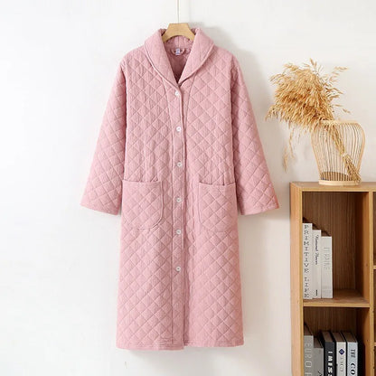 Autumn Winter Women Warm Cotton with Filler Robe Ladies Bathrobe Female Long Sleeve Dressing Gown Robes Simple Home Clothes