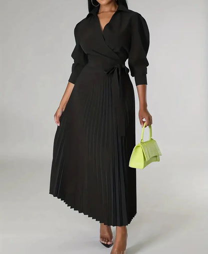 Woman's Elegance Evening Party Pleated Dress Spring Fashion V-neck Long Sleeves High Waist Lace-up Robe Autumn Ladies Vestidos