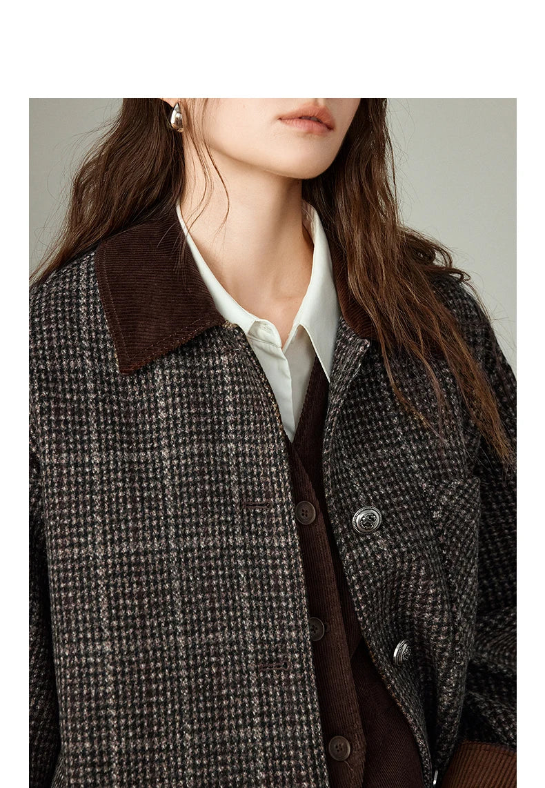 TOYOUTH Women Coat 2025 Winter New 100% Sheep Wool Corduroy Plaid Patterned Patchwork Woolen Coat