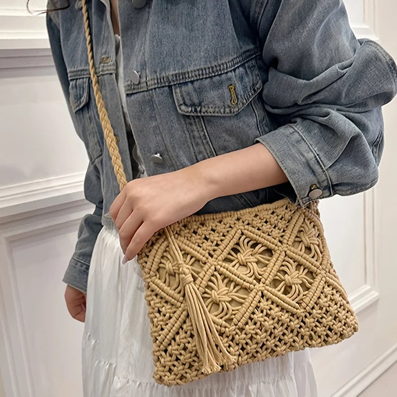 1pc Boho Chic Handwoven Shoulder Bag for Women,Handwoven Cotton with Zipper & Tassel Details,Beach Bag,for Travel,Casual Outings