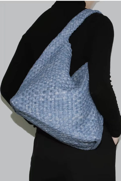 Women Jean Woven Bag Hand-Woven Tote Handbag Fashion Shoulder Top-handle Bag All-Match Underarm Bag with Purse
