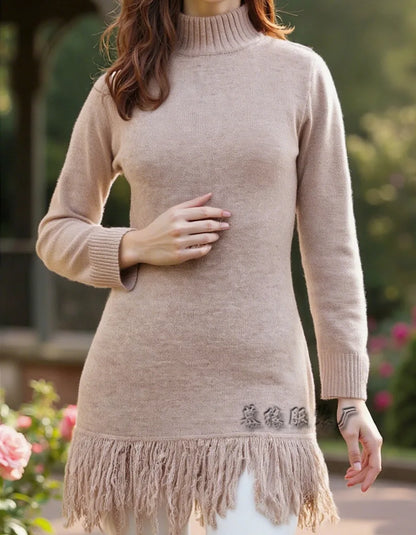 Knitted Dresses 2025 Woman High Neck Vestidos Tassel Sweater Pulls Femmes Keep Warm Homewear Solid Color Temperament Commuting