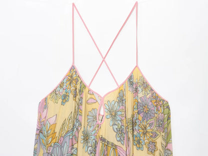 HH 2025 Woman's Summer Fashion V-neck Printed Sleeveless Dress Female Elegant Pleated Sexy Backless Casual Midi Long Dress