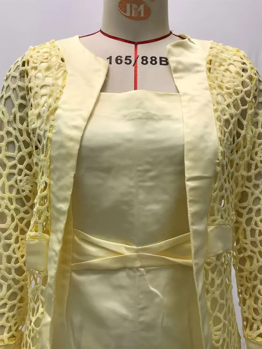 Wein Lace Cardigan Dress with Two Coats Lady Female Woman Skirt Dresses Coat Set Suit Hollow Out Cotton and Linen Formal Office