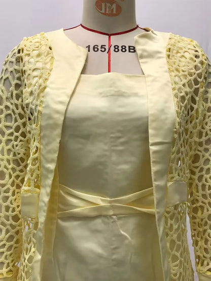 Wein Lace Cardigan Dress with Two Coats Lady Female Woman Skirt Dresses Coat Set Suit Hollow Out Cotton and Linen Formal Office