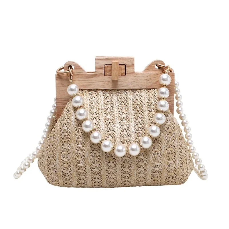 Fashion Weave Straw Shoulder Bag for Women New Summer Wooden Top Handle Clip Bag Luxury Designer Handbags Trend Female Handbag