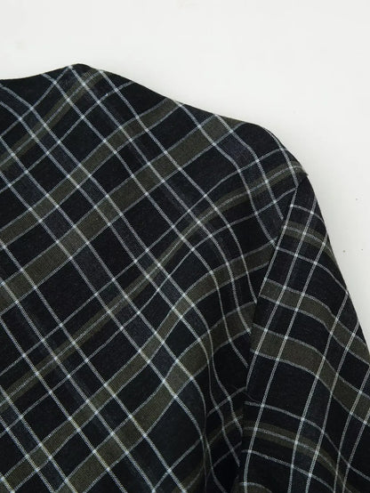 HH Woman Elegant V-Neck Plaid Pleated Decoration Long Sleeves Midi Dress Female Fashion High-Waist Asymmetric Hem Slim Dress