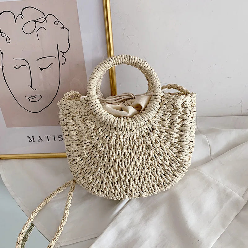 Fashion Hand-Woven Straw Beach Bags Women Handmade Moon Basket Shoulder Bag Bolsa Summer Bohemian Travel Crossbody Bags Handbags