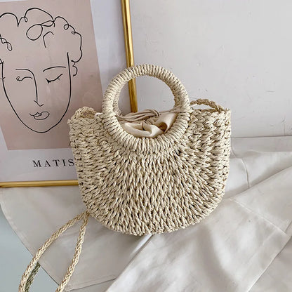 Fashion Hand-Woven Straw Beach Bags Women Handmade Moon Basket Shoulder Bag Bolsa Summer Bohemian Travel Crossbody Bags Handbags