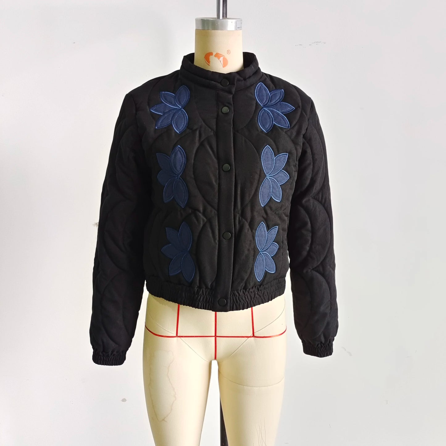 2025 Women's Crop Coat Fashion Warm Single Breasted Blue Embroidery Cotton Jackets Woman Autumn Winter Chic Outwear