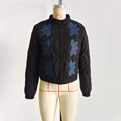 2025 Women's Crop Coat Fashion Warm Single Breasted Blue Embroidery Cotton Jackets Woman Autumn Winter Chic Outwear