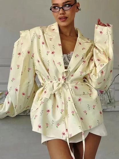 HH Woman's 2025 Autumn Fashion Long Sleeve Lapel Wide Shoulder Blazer Jacket Female Lace-up Single Buckle Exaggerated Coat