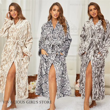 Flannel Long Robe for Women Autumn Winter Fashion Bathrobe Homewear Loose Casual Nightgown Sleepwear Coral Fleece Loungewear