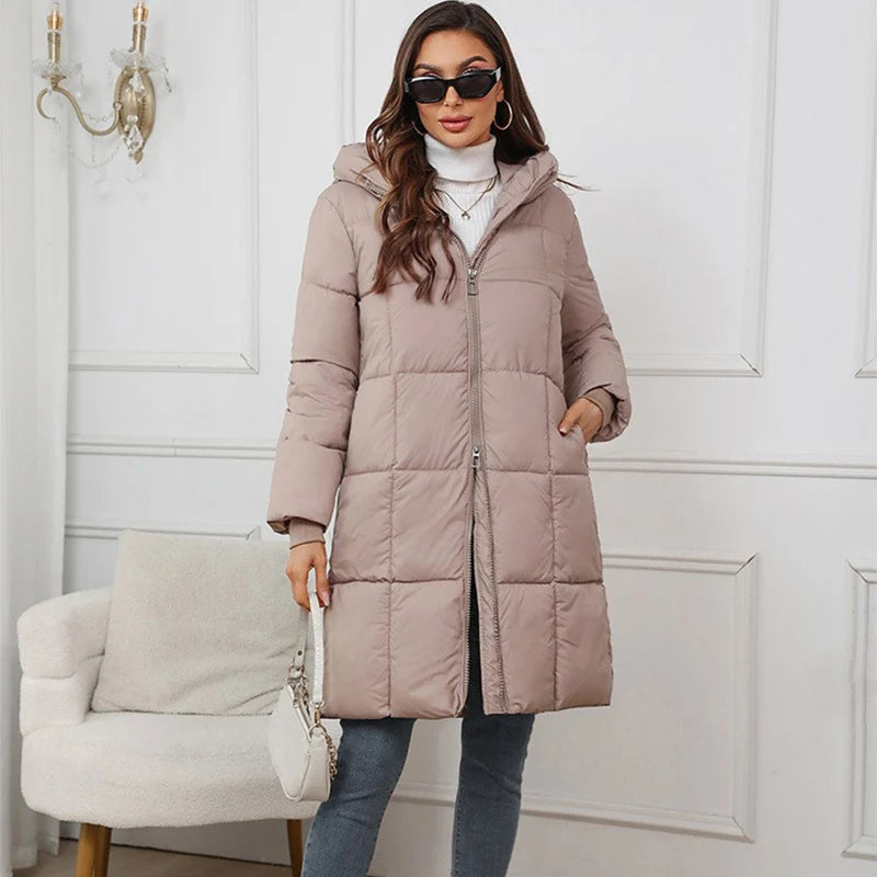 Winter Women's Long Coat Windproof Warm Padded-Cotton Coat Simple Loose Hooded Parkas Fashion Plaid Quilted Jackets for Woman
