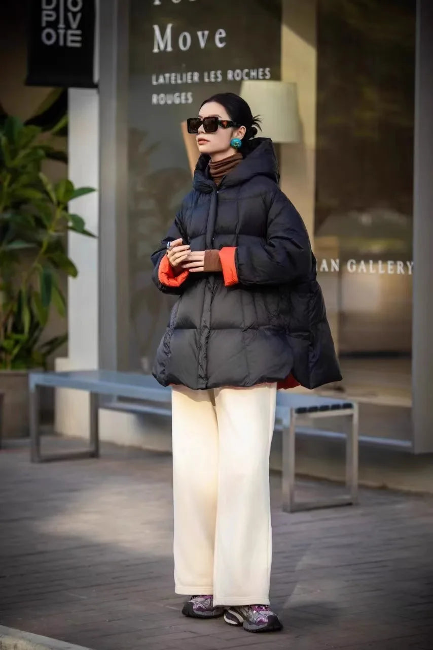 Winter Clothes for Women Fashion Color Collision Thickened Warm Puffer Jacket Casual Loose Hooded White Duck Down Jacket