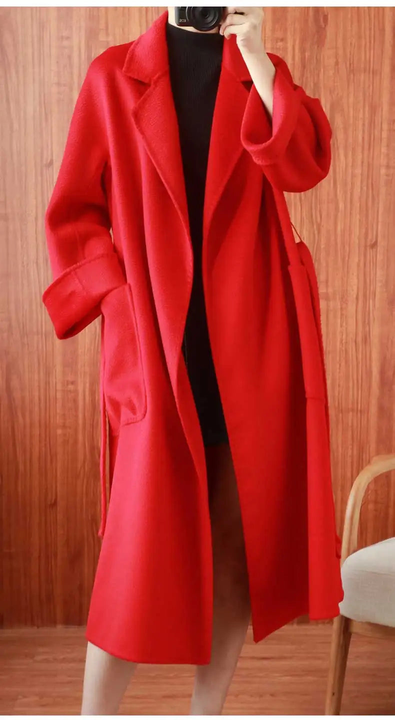 Women Double-Sided 20% Cashmere Wool Coat Jacket Women Long Beautiful Woolen Winter Autumn Warm Fashion Water Ripple Cloak