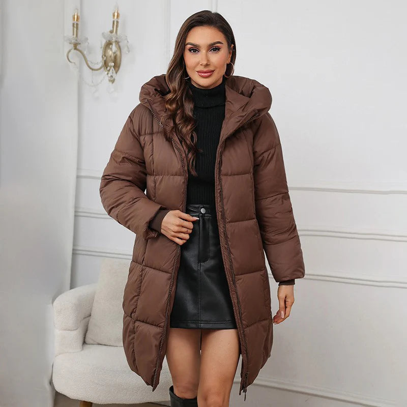 Winter Women's Long Coat Windproof Warm Padded-Cotton Coat Simple Loose Hooded Parkas Fashion Plaid Quilted Jackets for Woman