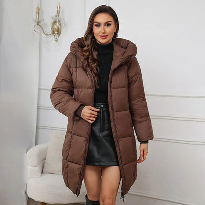 Winter Women's Long Coat Windproof Warm Padded-Cotton Coat Simple Loose Hooded Parkas Fashion Plaid Quilted Jackets for Woman