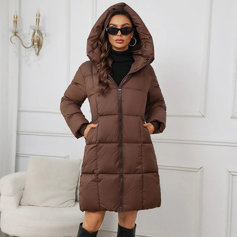 Winter Women's Long Coat Windproof Warm Padded-Cotton Coat Simple Loose Hooded Parkas Fashion Plaid Quilted Jackets for Woman