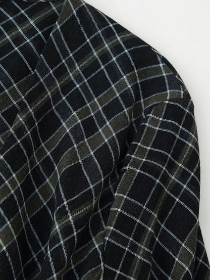 HH Woman Elegant V-Neck Plaid Pleated Decoration Long Sleeves Midi Dress Female Fashion High-Waist Asymmetric Hem Slim Dress