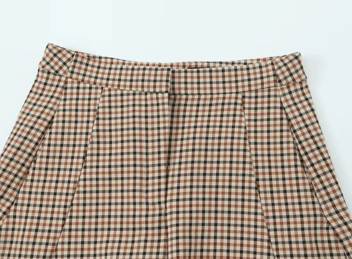 Woman Office Lady Suit Plaid Jacket Chic Autumn Khaki Plaid WomanSingle Breasted Blazer+Straight Long Pants Vintage Fashion