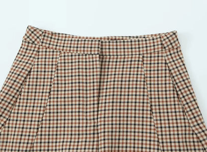 Woman Office Lady Suit Plaid Jacket Chic Autumn Khaki Plaid WomanSingle Breasted Blazer+Straight Long Pants Vintage Fashion