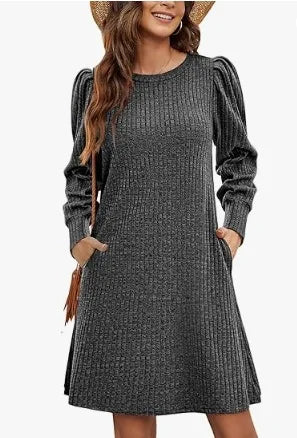 Elegant Dresses for Woman Ribbed Knit Sweater Dress Round Neck Puff Long Sleeves Casual Warm for Autumn and Winter