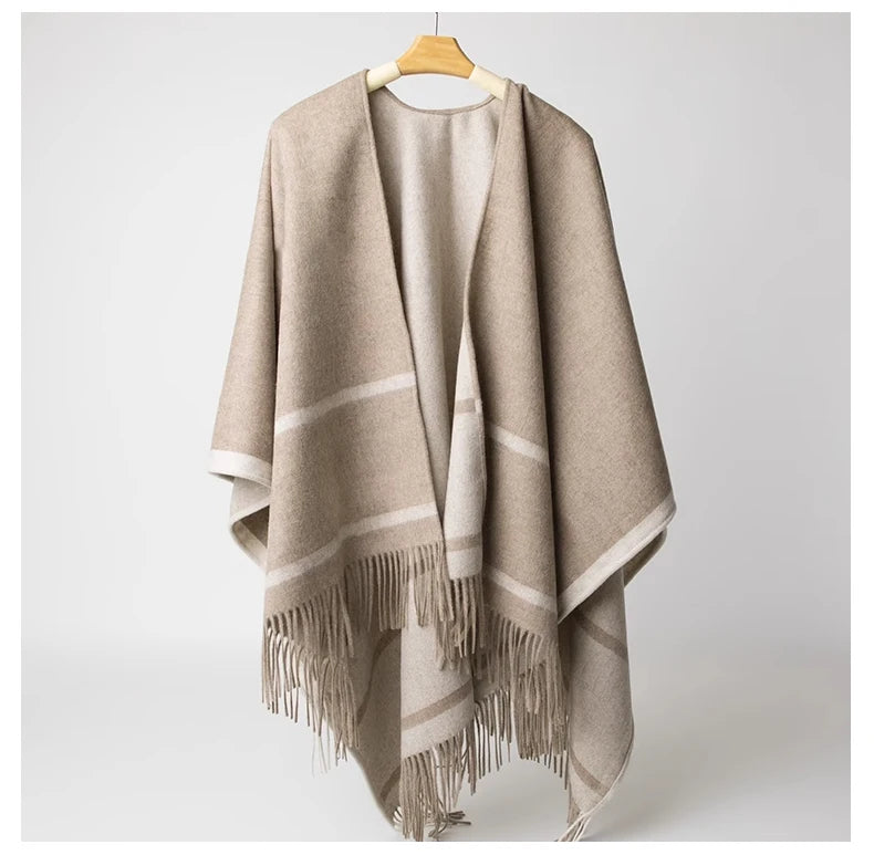 Fashion Clock Women Shawl Sweater 100% Wool Shawl Warm Female Mixed-use Cloak Autumn Winter Scarf French Tassel Cozy Wrap Clothi