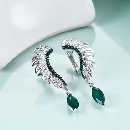 GEM'S BALLET Angel Wings Feather 925 Sterling Silver Earrings For Women Jewelry Anniversary Gift Natural Green Agate Amethyst