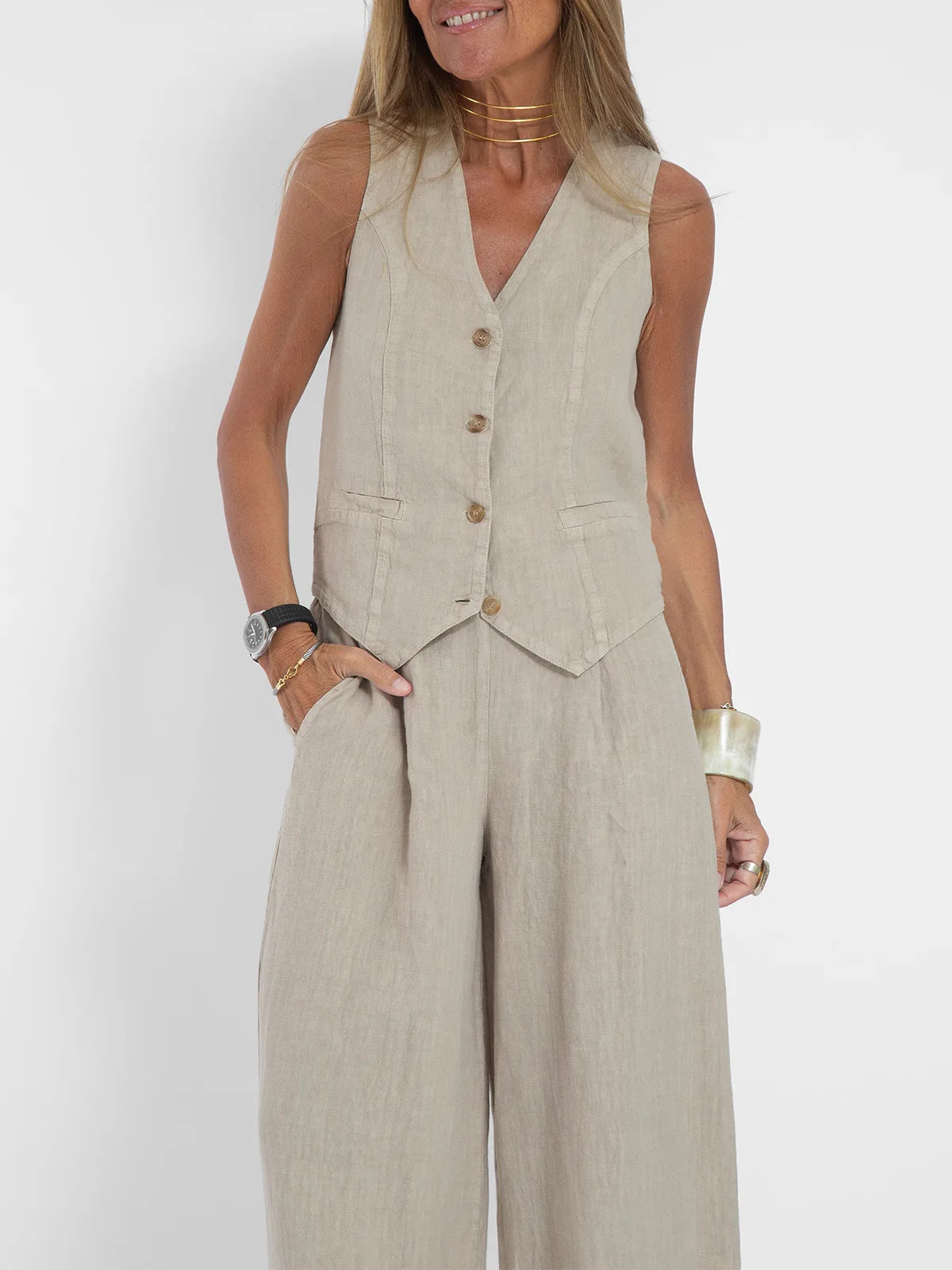 Women's Clothing 2025 Spring Summer New Fashionable Vest Pants Collage Splicing Pure Sleeveless Color Temperament Casual Suit