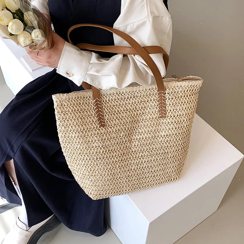 Hand-woven Women's Shoulder Handbag Bohemian Fashion Straw Beach Tote Bag Travel Shopper Weaving Shopping Bags