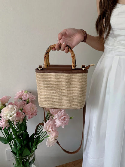 Simple Hand Knitted Women's Travel Handbags Fashion Wooden Handle Ladies Shoulder Bags Summer Straw Female Bucket Crossbody Bags