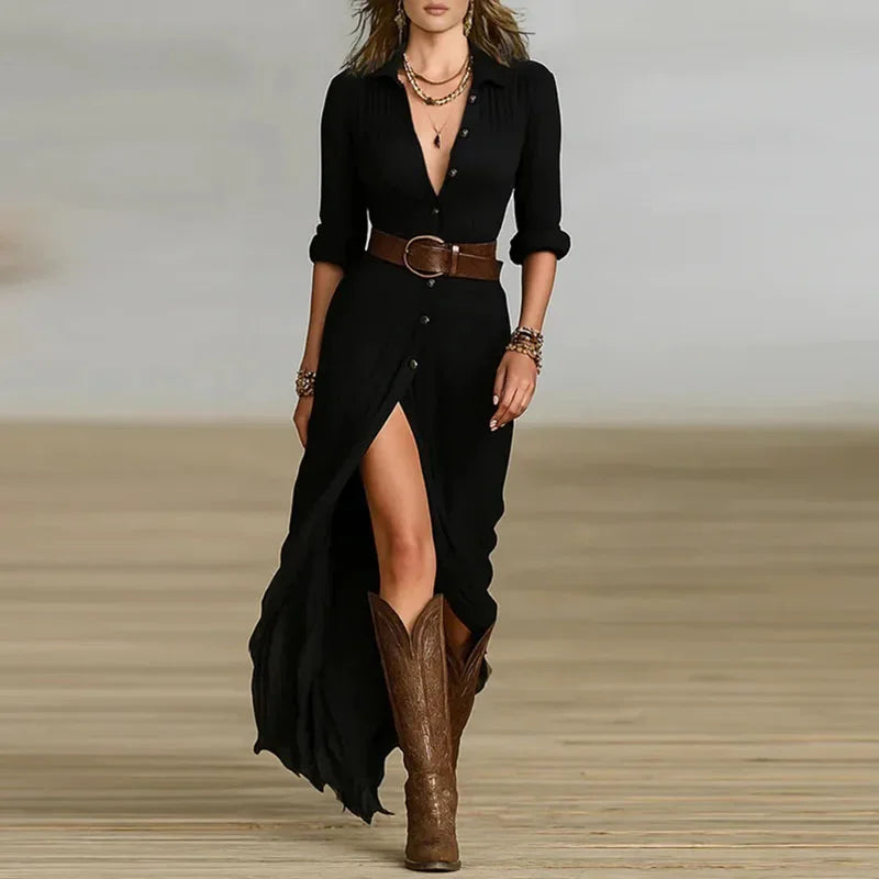 Woman Dresses 2025 New French Retro V Neck Belted Slim Pleated Long Dress Autumn Single Breasted Long Sleeve Slit Bohemian Dress