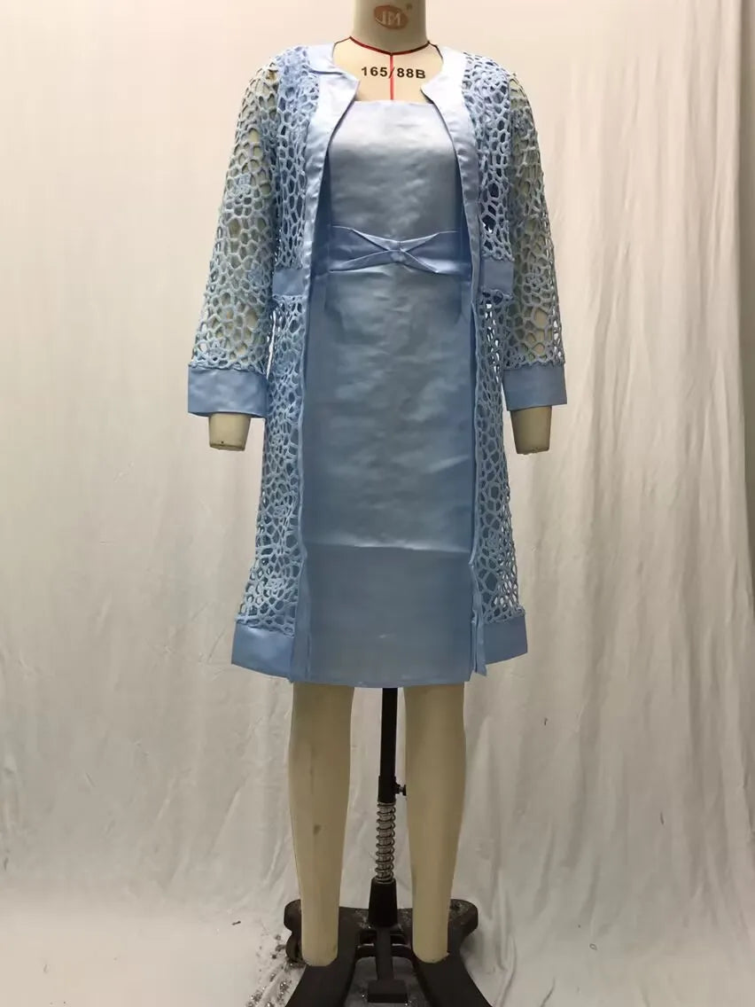 Wein Lace Cardigan Dress with Two Coats Lady Female Woman Skirt Dresses Coat Set Suit Hollow Out Cotton and Linen Formal Office