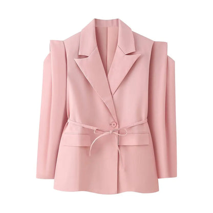 HH Woman's 2025 Autumn Fashion Long Sleeve Lapel Wide Shoulder Blazer Jacket Female Lace-up Single Buckle Exaggerated Coat