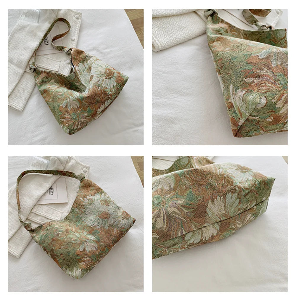 New Large Capacity Women's Handbag Fashion Printing Underarm Bag Retro Leisure Waterproof Shoulder Bag Women Canvas Shopping Bag